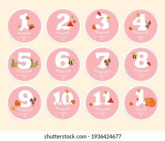 Vector set of stickers for children from birth to one year. can be used for photo shoots stickers for nursery cards, posters, invitations. memory book. Vector set of stickers for children from birth 