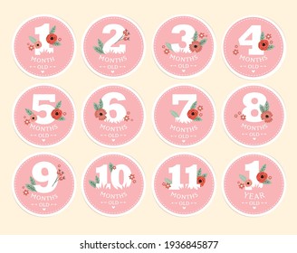 Vector set of stickers for children from birth to one year. It can be used for photo shoots stickers for nursery cards, posters, invitations. memory book
