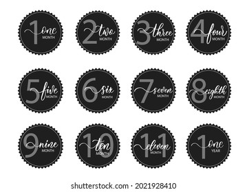 Vector set of stickers for children from birth to one year with smooth line calligraphy. It can be used for photo shoots stickers for nursery cards, posters, invitations