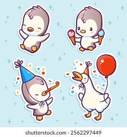 Vector set of stickers with children cute characters. Penguin and goose on party. Funny birds. Positive emotions.