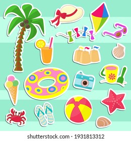 Vector Set Of Stickers With Children's Vacation At The Sea. For Design And Decoration