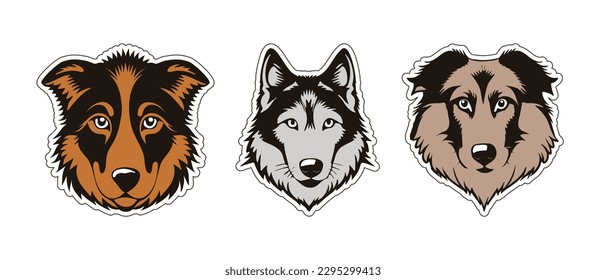 Vector set of stickers. Color portraits of cute dogs of different breeds. Icon or badge. White isolated background.
