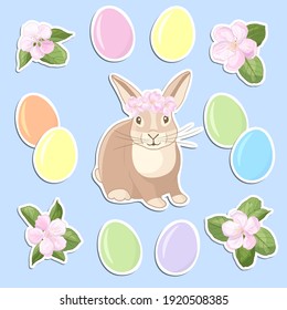 Vector set of stickers with colorful Easter eggs, cute rabbit and pink apple blossom flowers, for festive design and decoration