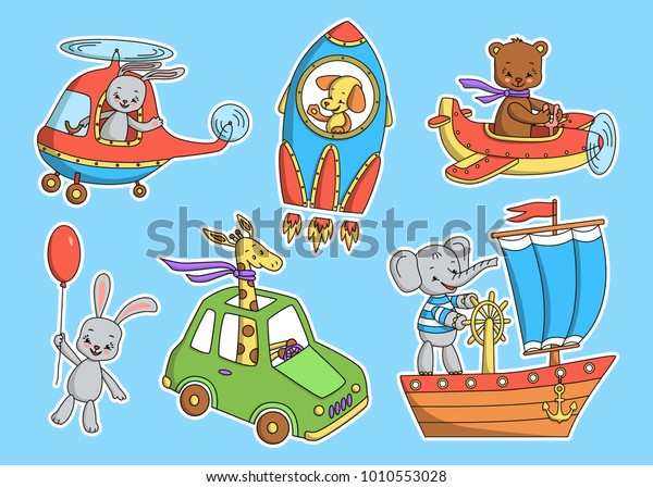 Vector\
set of stickers with cut animals and\
transport.