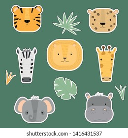 Vector set of stickers with cute animals. 
Jungle and savanna animals: tiger, cheetah, lion, zebra, giraffe, hippopotamus, elephant. Cartoon illustration for children