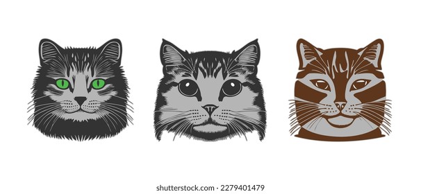 Vector set of stickers of cute beautiful heads of cats. Icons or badges. Mustachioed simple stencils of kittens. White isolated background.