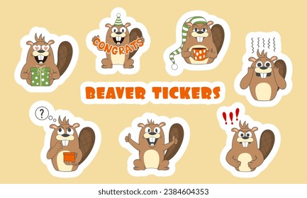 Vector set of stickers of cute cartoon beavers. Pictures for children's design, nursery, postcards, books, stickers, print for clothes, sticker.