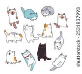 Vector set of stickers with cute cats in different poses. Collection of cartoon illustrations of funny kittens for children design.