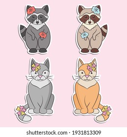 Vector set of stickers with cute cats and raccoons with a flower. For decoration and design