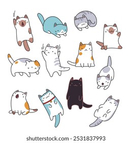 Vetor conjunto de adesivos com gatos bonitos em poses diferentes. Coleção de ilustrações de desenhos animados de gatinhos engraçados para design infantil.