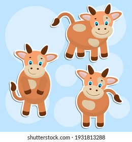 Vector set of stickers with cute cows. For design and decoration