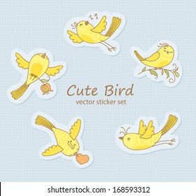 vector set of stickers with cute little yellow birds 