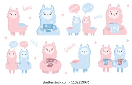 Vector set of stickers with cute llamas. Collection with adorable animals on background, pastel colors. Valentine's day, anniversary, save the date, baby shower, bridal, birthday
