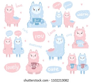 Vector set of stickers with cute llamas. Collection with adorable animals on background, pastel colors. Valentine's day, anniversary, save the date, baby shower, bridal, birthday

