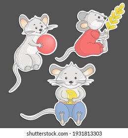 Vector set of stickers with cute mice. For design and decoration