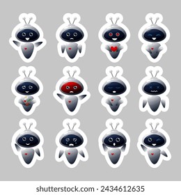 Vector set of stickers of cute robots with different emotions. Children's image for prints, stickers, children's room decoration. Science technology icon concept.