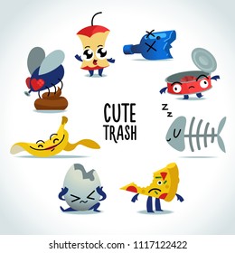 Vector set of stickers, cute trash cartoon characters