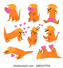 vector set of stickers - dachshund dog puppy for valentine's day. Romantic funny footage of a dog with a heart in his teeth. Valentine's day card and poster elements