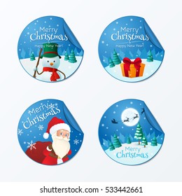 Vector set of stickers for design "Merry Christmas" banners and flyers. Santa with bag, snowman, gift and santa's sleigh with deers in winter scene.  Isolated from the background.