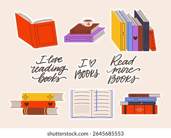 Vector set of stickers with different stacks of books. Hand drawn book collection in flat style and hand written calligraphy