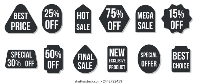 Vector Set Stickers discount, sale and offers Black and white labels in different shapes Flat style labels