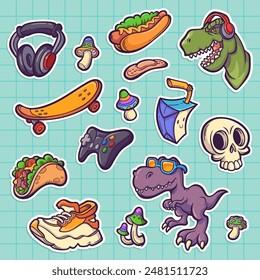 Vector set of stickers in doodle style. Hand-drawn illustrations of hotdog, tacos, joystick, skateboard, sneakers, dinosaurs and headphones for funny teenager design.