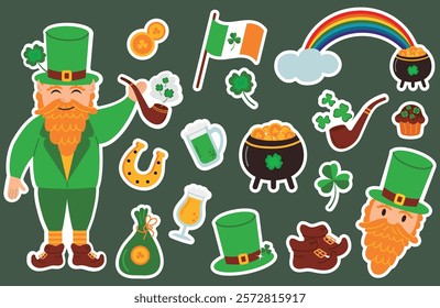 Vector set of stickers with elements for St. Patrick's Day. Leprechaun, pipe, rainbow with a pot of gold.