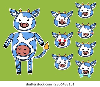 vector set of stickers, expression of emotions. cow with blue spots, emoticons. muzzle of a cow on a green background