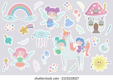 Vector set of stickers fairies, unicorns and magical elements. Fairy tale concept clipart for planner, scrapbooking and decor