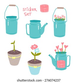 vector set of stickers with flowers and plants watering