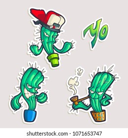 Vector set of stickers with funny cartoon hip hop characters isolated on white. Hand drawn illustrations with cool cactuses in comics style.