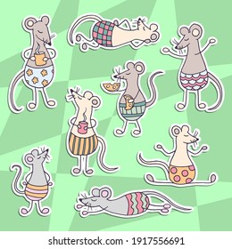 Vector set of stickers with funny cartoon cute rats, for design and decoration