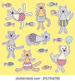 Vector set of stickers with funny cartoon cute cats, for design and decoration