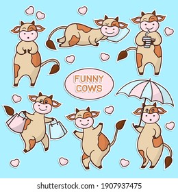 Conjunto vectorial de pegatinas con vacas de dibujos animados graciosas y lindas, para diseño y decoración