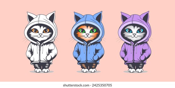 Vector set of stickers. Funny cute cartoon kittens stand in a hoodie with small paws and big colored eyes. Dressed up pets. Isolated background.