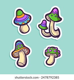 Vector set of stickers with funny mushrooms in doodle style. 