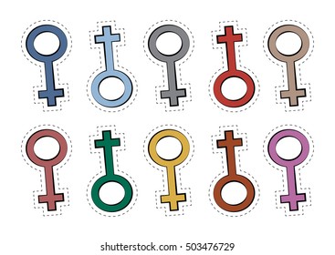 Vector set of stickers gender symbol icons in different colors 80s 90s in comic style