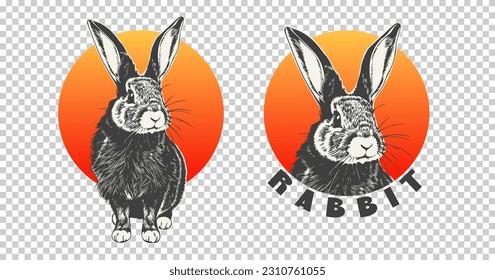 Vector set of stickers. Graphic monochrome rabbit on the background of the sun. Engraving of a forest wild hare. Isolated background.