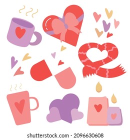 Vector set of stickers in the hand draw style. Mugs with heart, heart shaped gift box, candles, scarf, pill with hearts. Valentine's Day gift and design elements, game, print, poster.