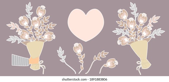 Vector set of stickers. Hand holds a bunch of flowers, bouquet, buds, flowers, branches and leaves, heart. Vector illustration. For design, decoration, printing, decoration, postcards and cards