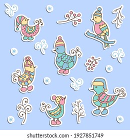 Vector set of stickers with hand-drawn cute birds in winter hats. For design and decoration