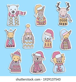 Vector set of stickers with hand-drawn winter cute cartoon animals. For design and decoration