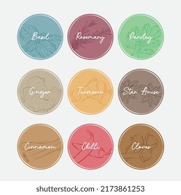 Vector set of stickers for herbs and spices. basil, rosemary, parsley, cinnamon, chilli, cloves, ginger, turmeric, star anise. part 1