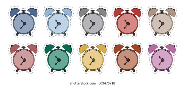Vector set of stickers icons clock in different colors 80s 90s in comic style