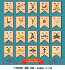 vector set of stickers of icons for design in the form of flags on the Mexican theme of Cinco de mayo celebration in flat style