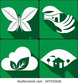 Vector set of stickers, icons environmental protection on green background for design