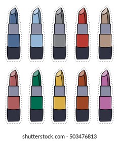 Vector set of stickers icons lipstick in various colors 80s 90s in comic style