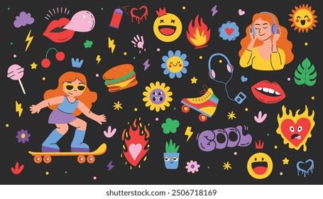 Vector set of stickers and icons on the theme of children's entertainment. Retro skater stickers in 90s cartoon style. 