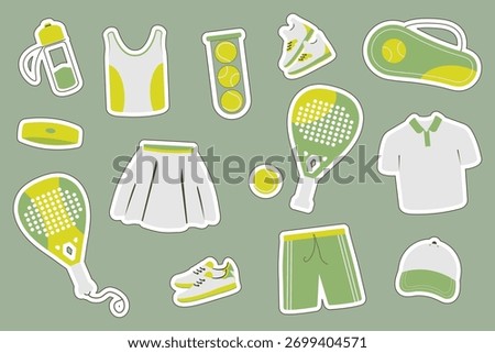 Vector set of stickers with images of paddle and tennis sports equipment, sportswear and accessories on a green background.