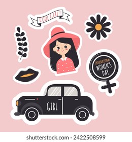 Vector set of stickers for International Women's Day. Cute girl in a hat, car, flowers and ribbon